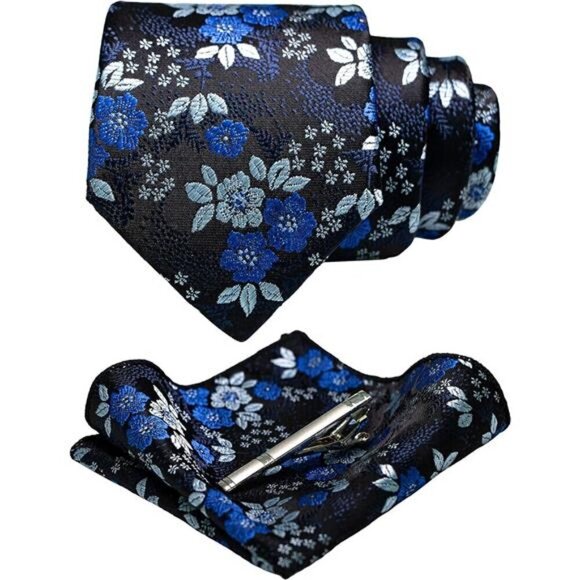 Floral Necktie and Pocket Square Tie Clip Sets for Men - Picture 1 of 4